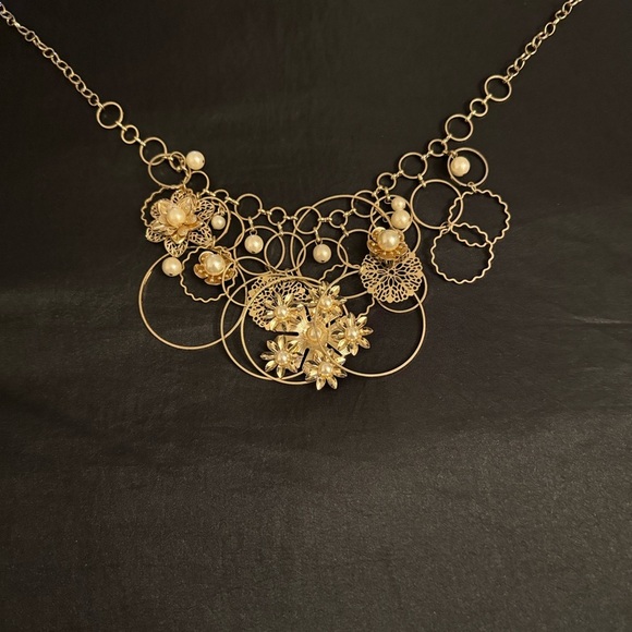 Gold Floral Statement Necklace with Pearl Accents - Picture 5 of 7